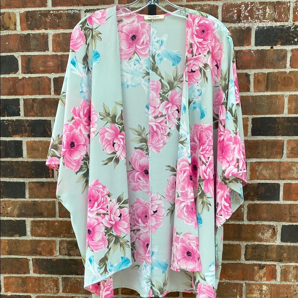 Promesa Topper Kimono Ruana Beach Coverup Floral Size L